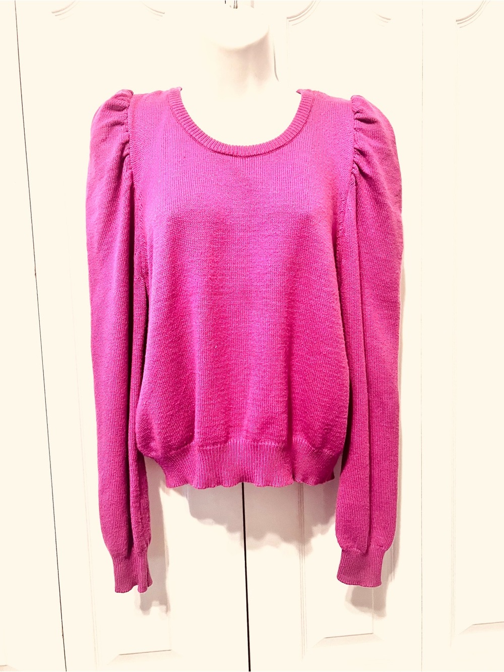 Pink Rose Fuchsia Puff-Sleeve Scoop neck Sweater-Large-Super Soft-Long Sleeve